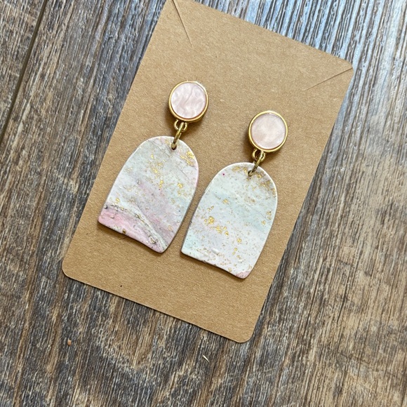 Handmade Jewelry - Handmade Polymer Clay Pink Marble Arch Drop Earrings with Gold Accents